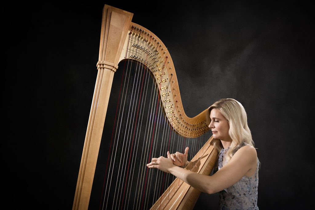 Harpist playing during a musician headshot Chicago session at Ann & Kam Photography in Barrington, IL
