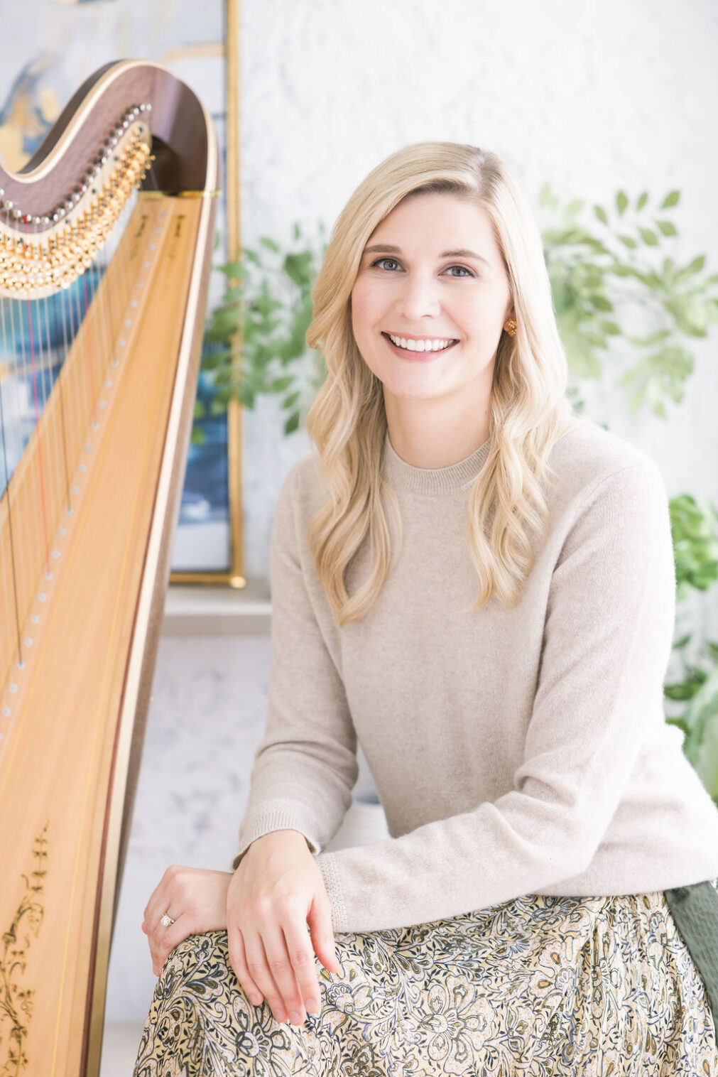 harpist portrait with concert harp, photographed at Ann & Kam Photography in Barrington, IL
