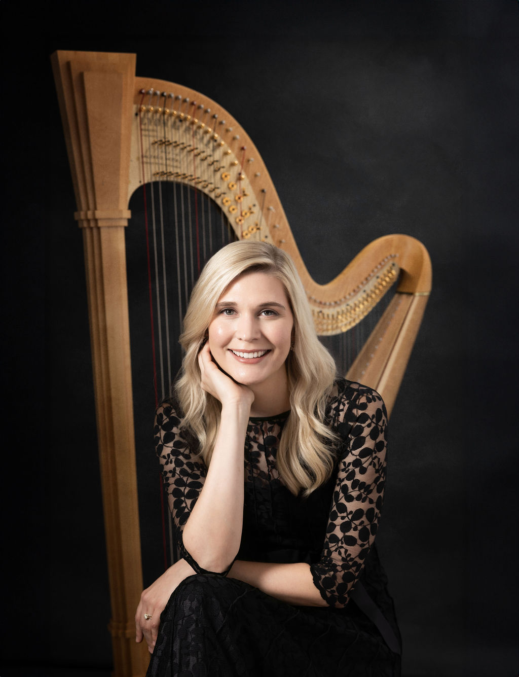 harpist portrait with concert harp, photographed at Ann & Kam Photography in Barrington, IL