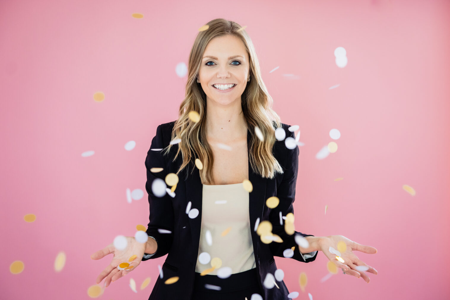 Headshot with pink background and confetti