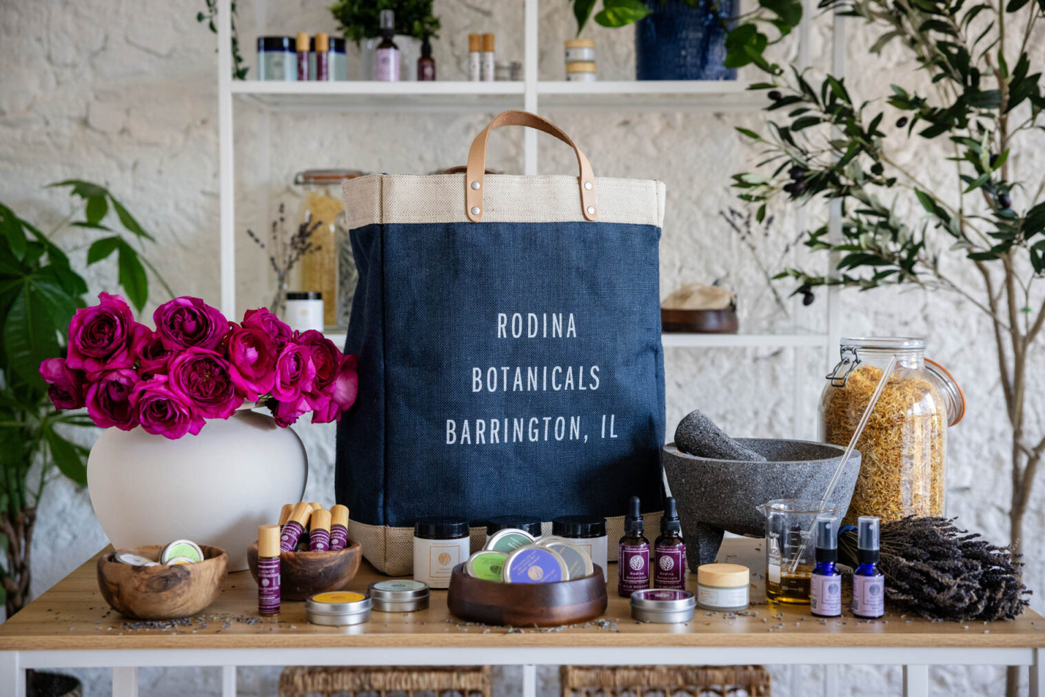 large bag saying "rodina botanicals" surrounded by skincare products